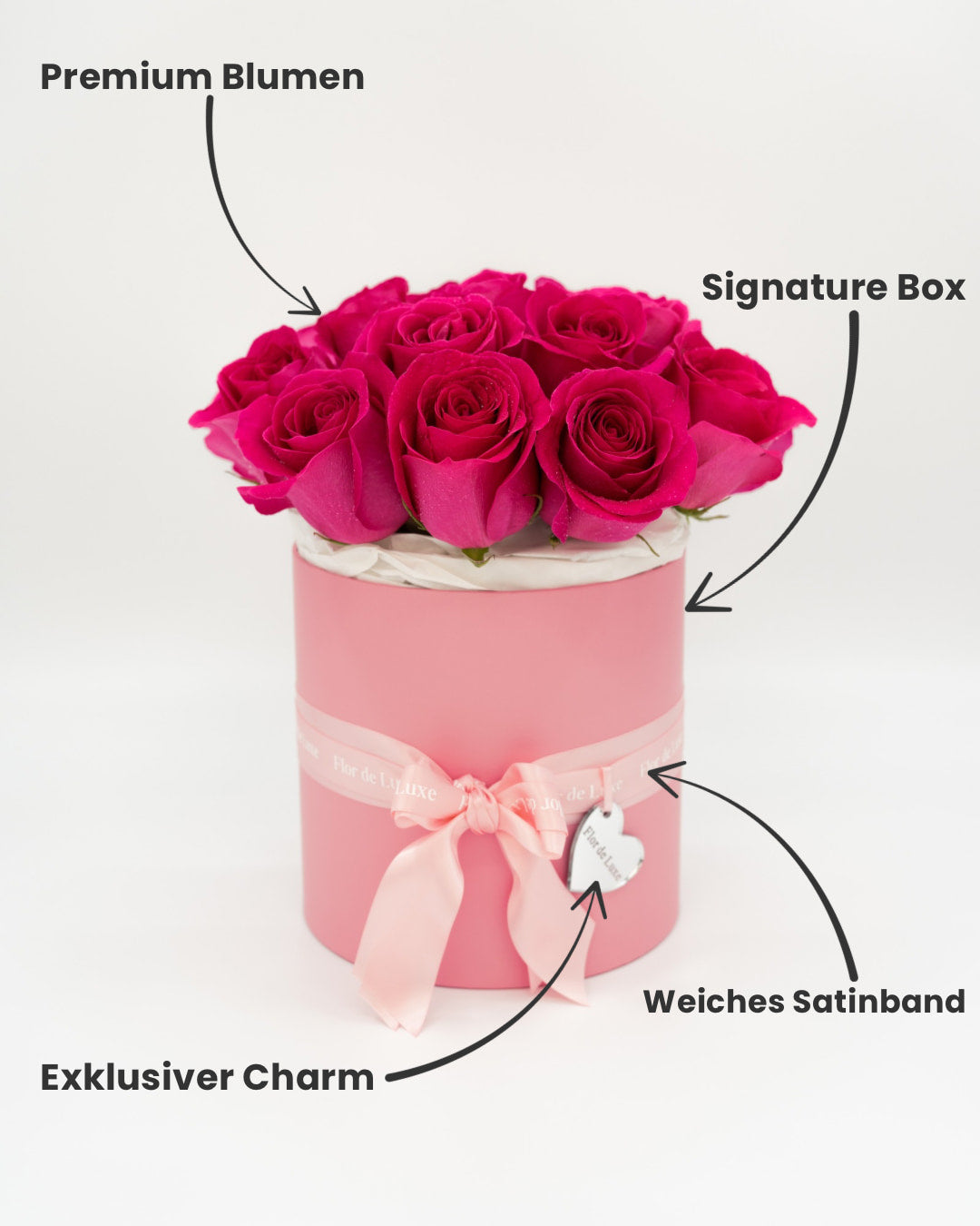 Rote Premium-Rosen in einer pinken Signature-Box mit Satinband und exklusivem Charm – Flor de Luxe.