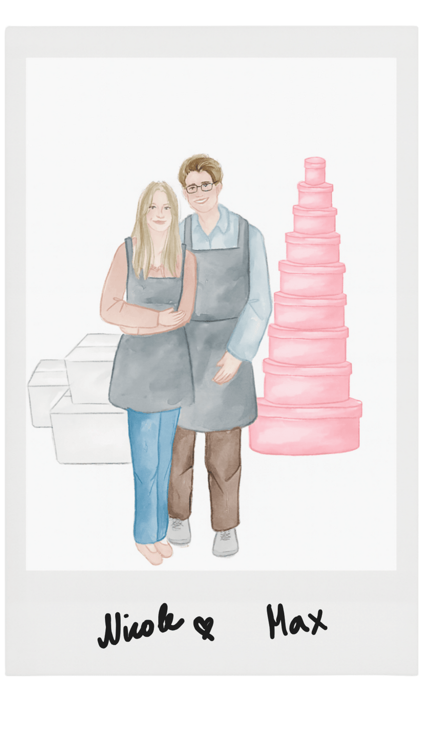 Aquarell-Illustration der Gründer Nicole & Max von Flor de Luxe vor Verpackungen und pinken Blumenboxen.